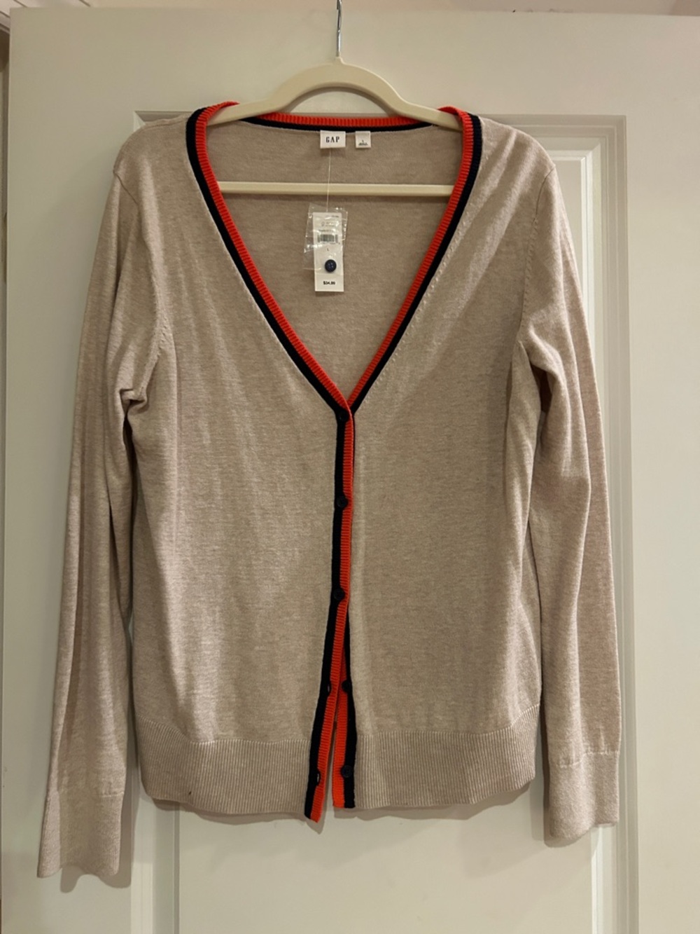 GAP Beige Cardigan with Navy and Orange Trim